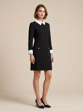 Tommy Hilfiger Black Mod Shift Dress with White Collar & Cuffs Minimalist New
